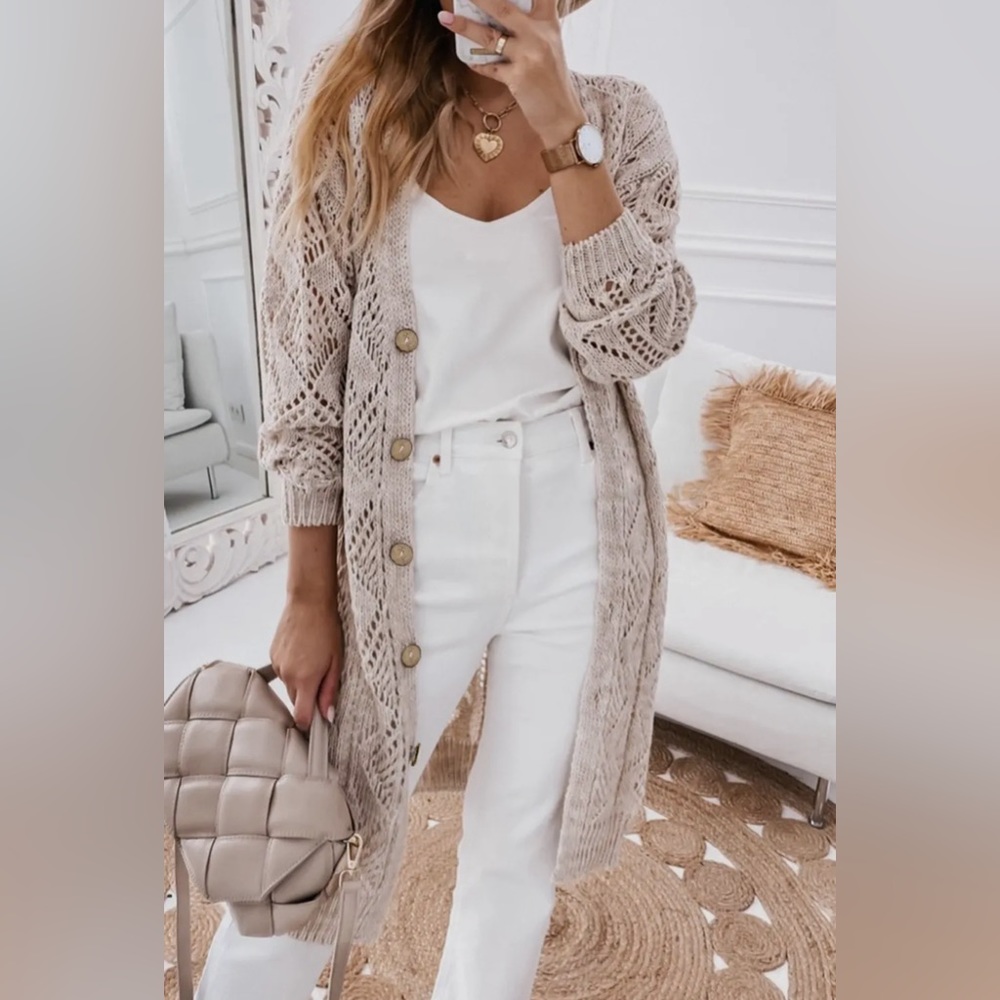 Hallow Out Openwork Knit Cardigan Sweater - Khaki -Multiple Sizes - Picture 5 of 7